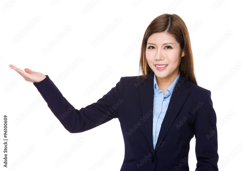 Asian Young Businesswoman with hand showing blank sign Asian Young Businesswoman with hand showing blank sign
