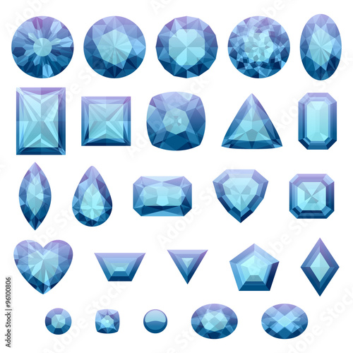 Set of realistic blue jewels. Sapphires isolated.