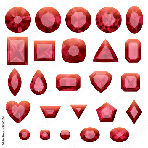 Set of realistic red jewels. Rubies isolated.