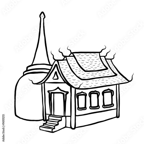 temple and pagoda / cartoon vector and illustration, black and white, hand drawn, sketch style, isolated on white background.