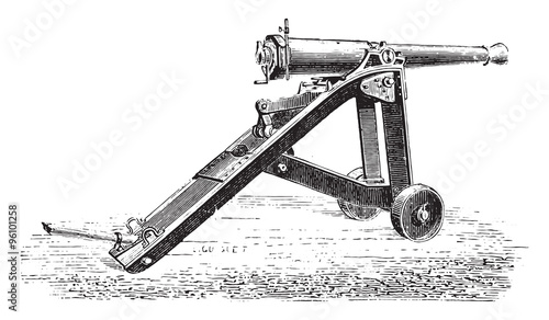 Canon 7 on lookout for bunker, vintage engraving.