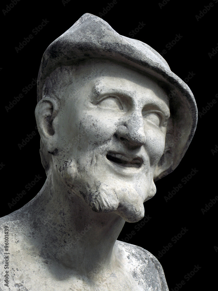 Democritus sculpture on a black background.  Marble bust of ancient Greek philosopher in the Summer Garden in Saint Petersburg
