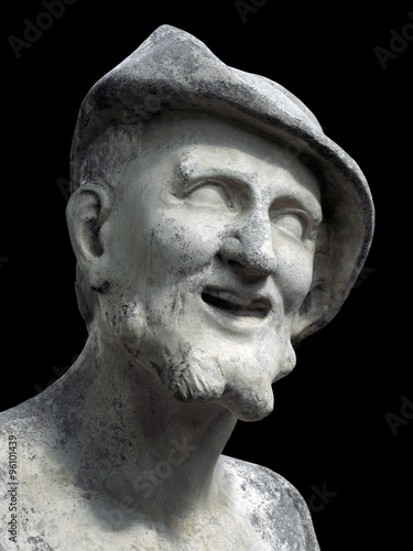 Democritus sculpture on a black background.  Marble bust of ancient Greek philosopher in the Summer Garden in Saint Petersburg  