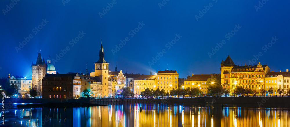Fototapeta premium Night panoramic view of Prague cityscape, Czech Republic