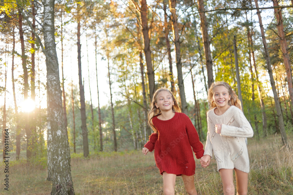 Fototapeta premium portrait of two sisters during the autumn harvest