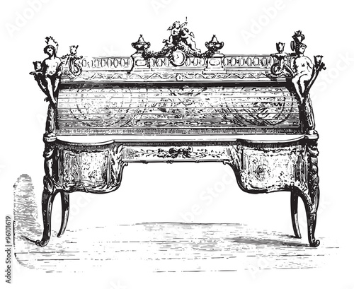 Office cylinder inlaid Louis XV (Louvre), vintage engraving.