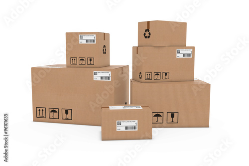 Stack of Cardboard Boxes with Delivery Labels Isolated on White
