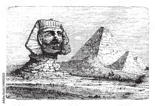 Pyramids of Giza and the Great Sphinx, vintage engraving.