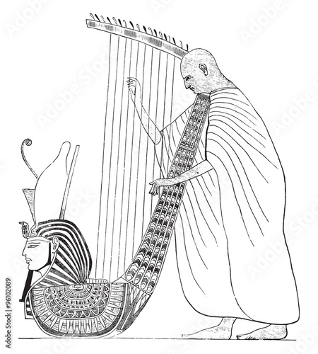 Harpist, painting caves of Beni-Hassan, vintage engraving.