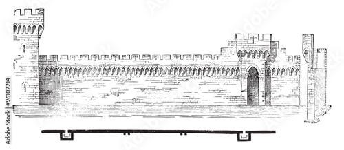 Canvas Print Plan and section of the ramparts of Avignon, vintage engraving.