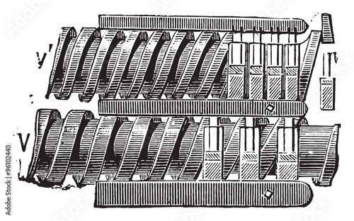 Set screws and bars in the linen shelf, vintage engraving.