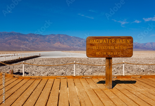 Photos Sign Bad Water Basin and salt behind, Death Valley