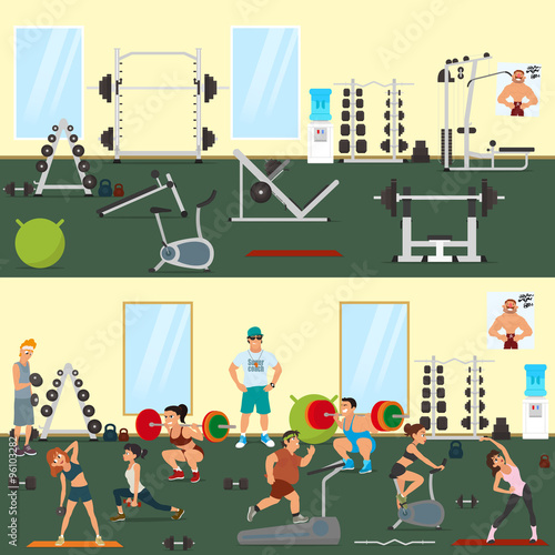 empty gym with exercise equipment. People engaged in the modern gym. vector illustration.