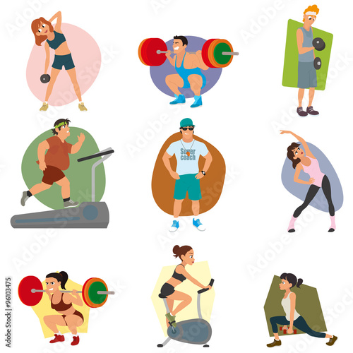 sports people in the flat style. People involved in sports with dumbbells, barbells and on simulators. vector illustration.