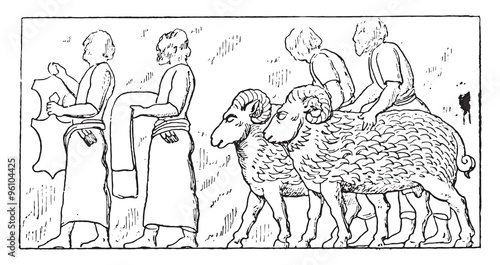 Dependent people and animals, vintage engraving.