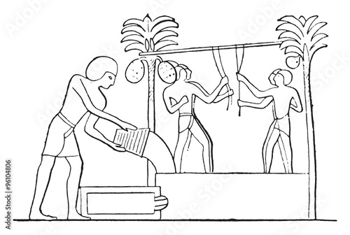 Wine making in the Thebaid, vintage engraving.
