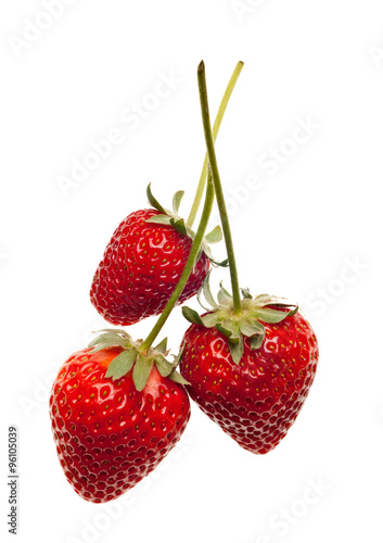 ripe red strawberries with stems and leaves isolated on white ba