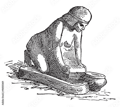 Woman kneading bread, vintage engraving.