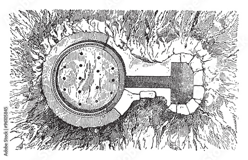 Roman kiln, pottery, vintage engraving.