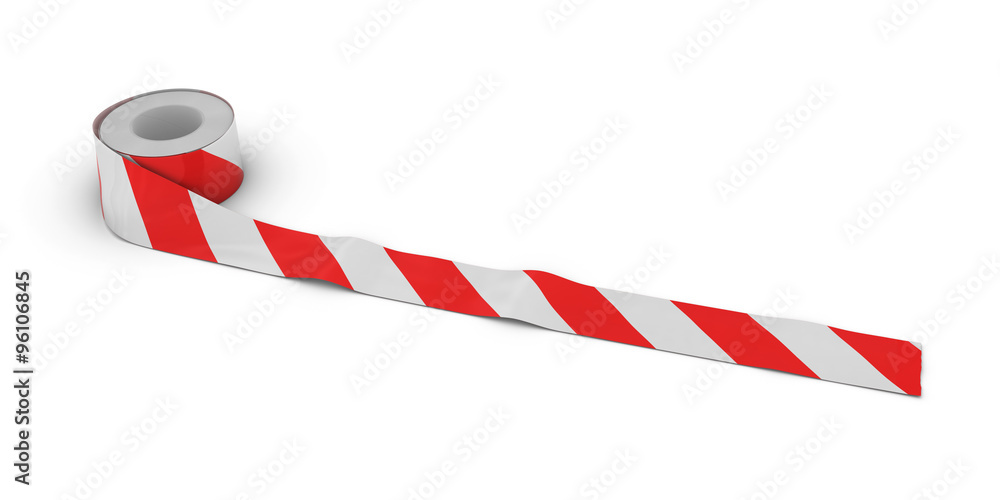 Fototapeta premium Red and White Striped Tape Roll unrolled across white floor