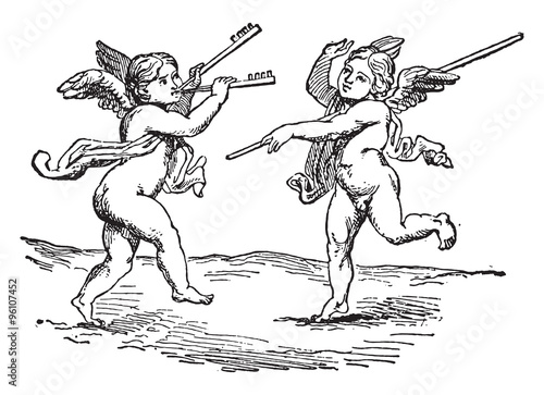 Genies dancers, vintage engraving.