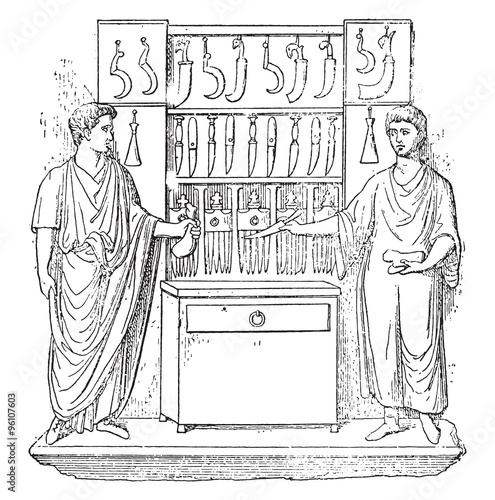 Shop of knife makers, vintage engraving.