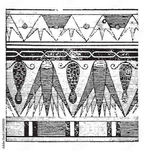 Egyptian ornament draws tombs of Qurna, vintage engraving.