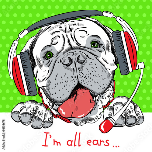 vector dog Bullmastiff with phone headset