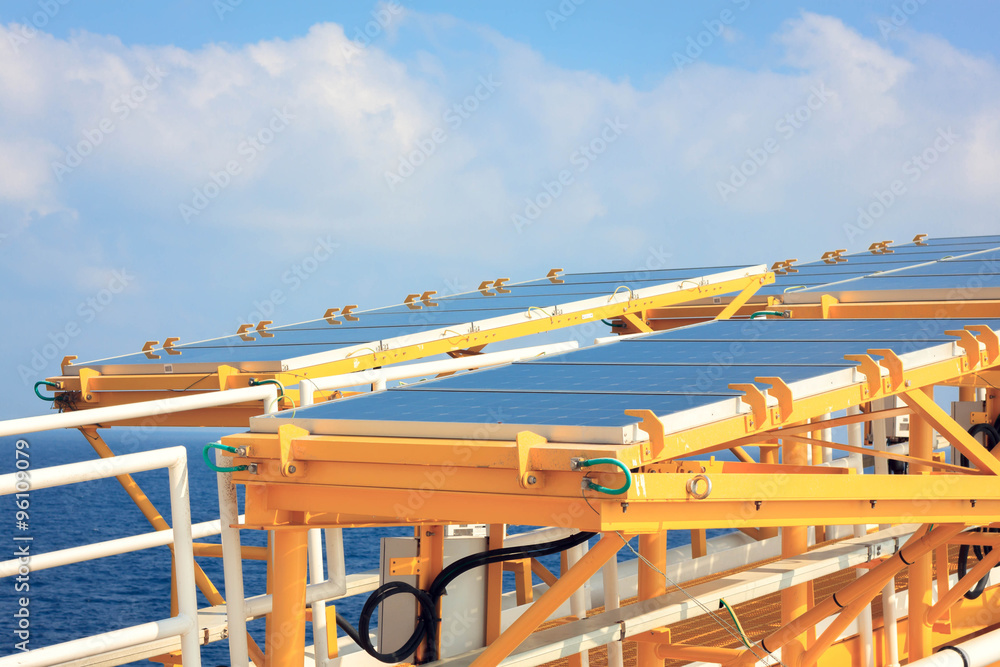 solar cell at offshore platform and sea beautiful blue sky. solar cell at offshore platform and sea beautiful blue sky.
