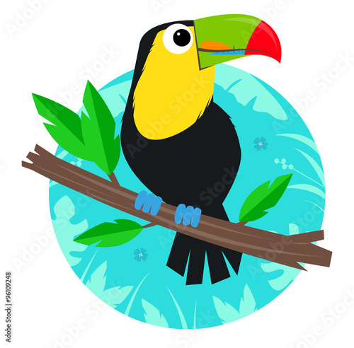 Toucan Clip-Art - Cartoon toucan standing on a branch in front of a decorative background. Eps10