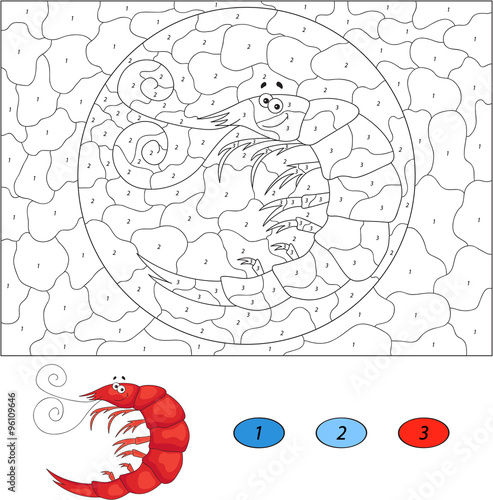 Color by number educational game for kids. Funny cartoon shrimp.