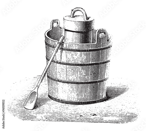 An ice cream maker and utensils, vintage engraving.