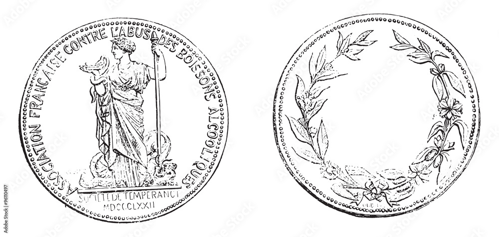 Obraz premium Medal of the French Society of temperance, vintage engraving.