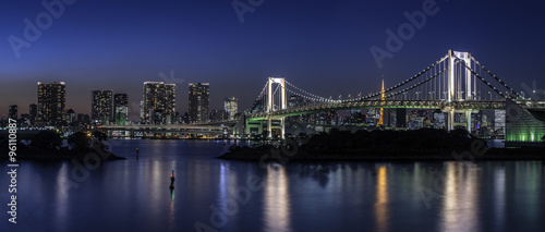 Fototapeta Naklejka Na Ścianę i Meble -  Panorama of Famous rainbow bridge in Tokyo bay