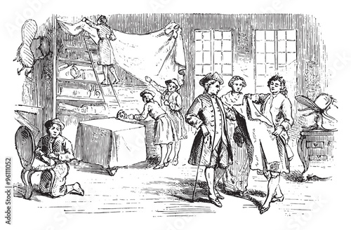 Shop secondhand clothes dealer, vintage engraving.