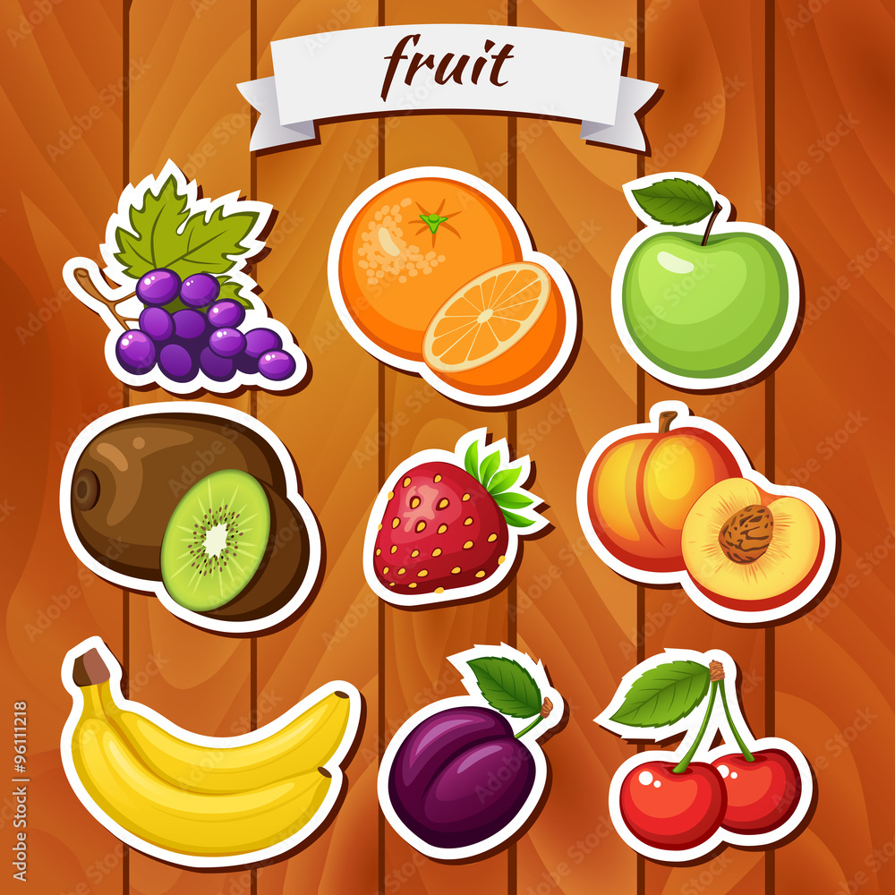 Fresh fruit on wooden background. Grape, orange, apple, kiwi, strawberry, peach, banana, plum, cherry Fresh fruit on wooden background. Grape, orange, apple, kiwi, strawberry, peach, banana, plum, cherry