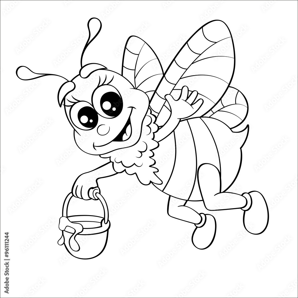 Cartoon bee flying with bucket honey. Black and white vector illustration for coloring book Stock Vector | Adobe Stock Cartoon bee flying with bucket honey. Black and white vector illustration for coloring book Stock Vector | Adobe Stock