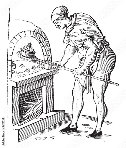 A pastry chef in 1589, vintage engraving.