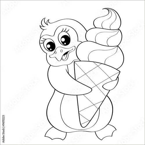 Cartoon penguin with ice cream. Black and white vector illustration for coloring book