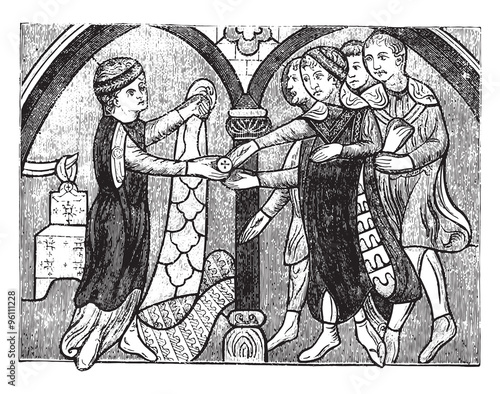 Dealer furrier in the thirteenth century, vintage engraving.