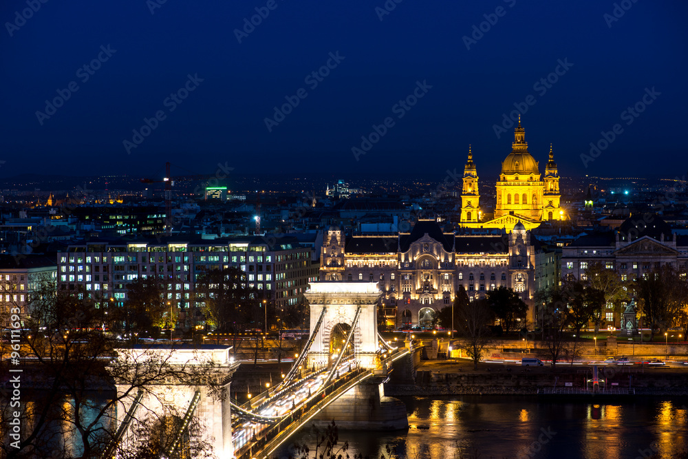 Fototapeta premium Night view on St. Stephen basilica in Budapest during the blue hour