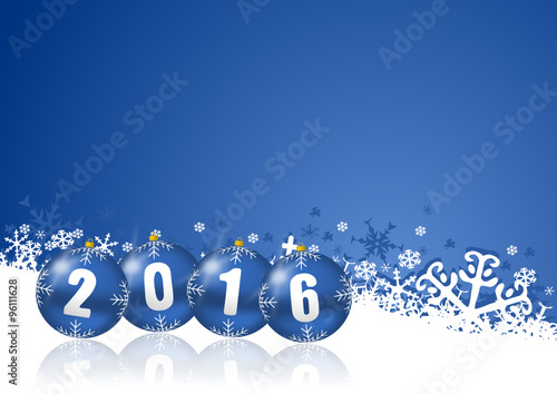 2016 new years illustration with christmas balls and snowflakes on blue background 