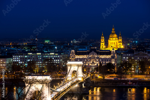 Night view on St. Stephen basilica in Budapest during the blue hour