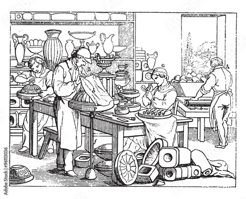 Moulder's shop in porcelain works, vintage engraving.