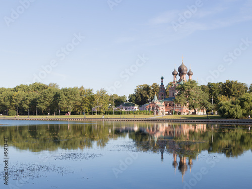 Moscow Ostankino pond and Trinity Church in Ostankino
