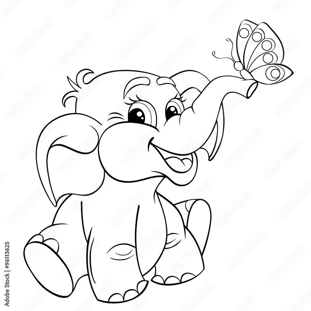 Funny cartoon baby elephant with butterfly. Black and white vector  illustration for coloring book Stock Vector | Adobe Stock