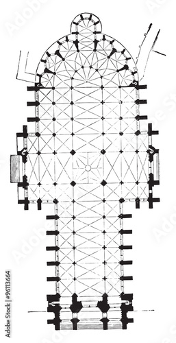 Map of Amiens cathedral, vintage engraving.