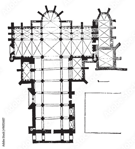 Plan of the cathedral of Carcassonne, vintage engraving.