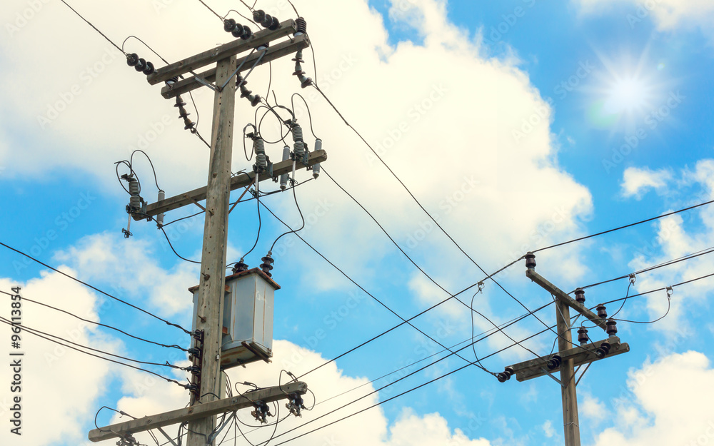 electricity post with beautiful blue sky, sun background. electricity post with beautiful blue sky, sun background.