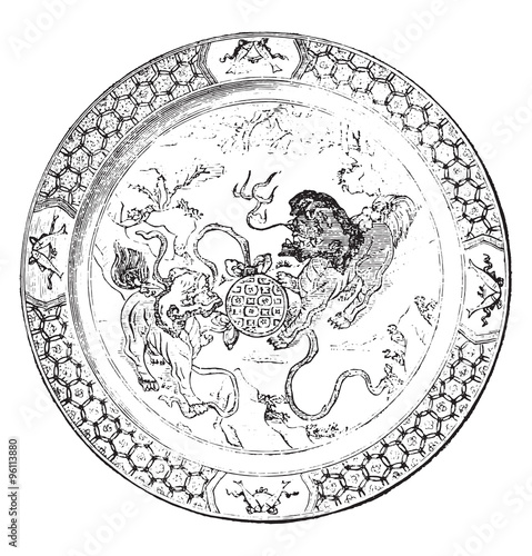 Polychrome porcelain dish (china), vintage engraving.